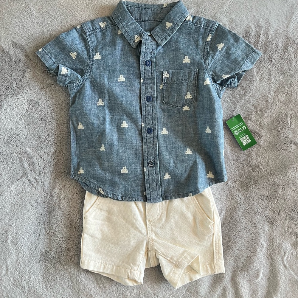 NWT Baby GAP set of cream denim shorts chambray denim button logo shirt 3-6m